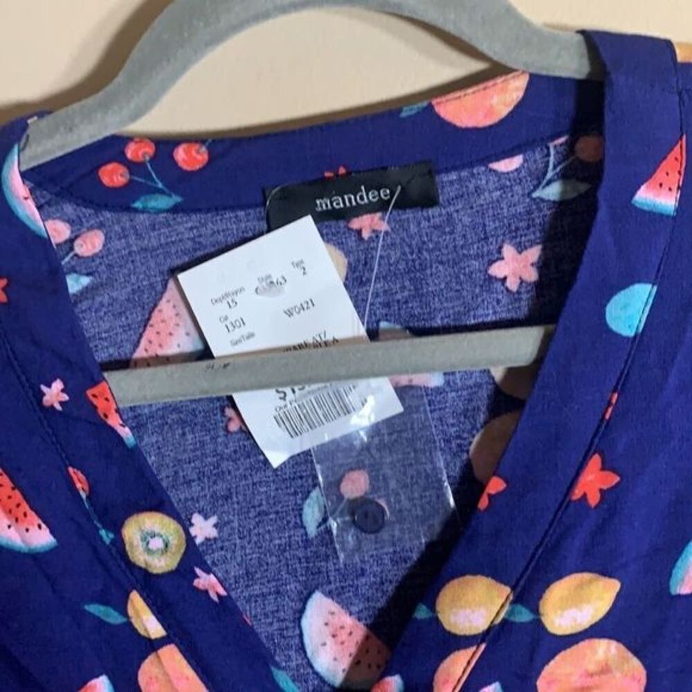 Mandee Dark Blue Fruit Themed Top NWT - Picture 4 of 6